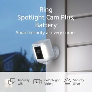 Ring Spotlight Cam Plus, Battery | Two-Way Talk, Color Night Vision, and Security Siren (2022 release) | 4-pack, White