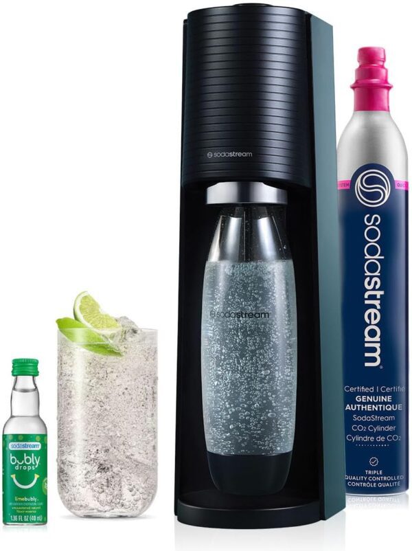 SodaStream Terra Sparkling Water Maker (Black) with CO2, DWS Bottle and Bubly Drop, Battery Powered