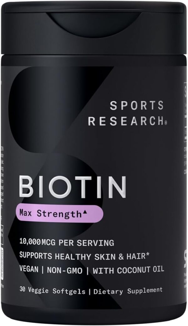 Sports Research Vegan Biotin 10,000mcg with Organic Coconut Oil - Max Strength Biotin Vitamin B7 for Healthier Hair & Skin and Keratin Support - Non-GMO & Gluten Free, 30 Softgels