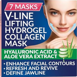 Stylia Double Chin Mask - V Line Chin Strap - Toning Hydrogel Collagen Face Mask with Hyaluronic Acid & Aloe Vera - 7PC