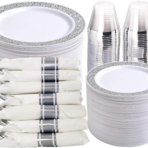 WELLIFE 350 Pieces Silver Disposable Plastic Dinnerware, Silver Lace Plates for Wedding & Party, Includes:50 Dinner Plates, 50 Dessert Plates, 50 Cups, 50 Pre Rolled Napkins...