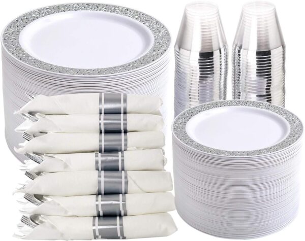 WELLIFE 350 Pieces Silver Disposable Plastic Dinnerware, Silver Lace Plates for Wedding & Party, Includes:50 Dinner Plates, 50 Dessert Plates, 50 Cups, 50 Pre Rolled Napkins...