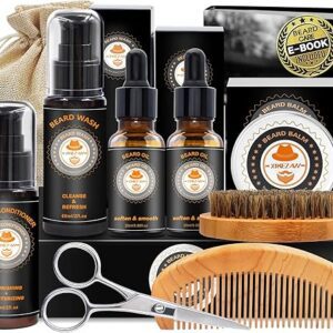 XIKEZAN Upgraded Beard Grooming Kit w/Beard Conditioner,Beard Oil,Beard Balm,Beard Brush,Beard Wash,Beard Comb,Beard Scissor,Bag,E-Book,Beard Care Daddy Gifts for Men Him Dad...