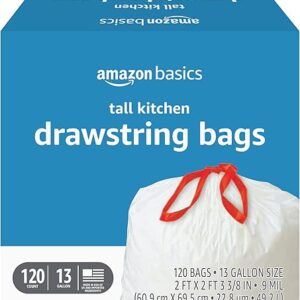 Amazon Basics Tall Kitchen Drawstring Trash Bags, 13 Gallon, 120 Count, Pack of 1