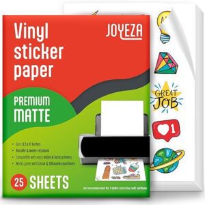 JOYEZA Premium Printable Vinyl Sticker Paper for Inkjet Printer - 25 Sheets Matte White Waterproof, Dries Quickly Vivid Colors, Holds Ink well- Tear Resistant - Inkjet & Laser...