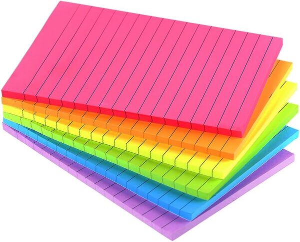 Lined Sticky Notes 4X6 in Bright Ruled Post Stickies Colorful Super Sticking Power Memo Pads, 45 Sheets/pad, 6 Pads/Pack