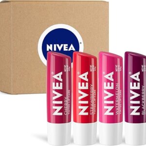 NIVEA Lip Care, Fruity Tinted Lip Balm Variety Pack, Includes Cherry, Strawberry, Blackberry and Watermelon Scents, 0.17 Oz, Pack of 4