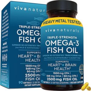 Viva Naturals Triple Strength Fish Oil Omega 3 Supplement - 2500 mg Fish Oil with Re-Esterified Omega 3 Fatty Acid Supplement Including EPA, DHA DPA - 90 Pescatarian-Friendly...