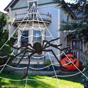 200" Halloween Spider Web + 59" Giant Spider Decorations Fake Spider with Triangular Huge Spider Web for Indoor Outdoor Halloween Decorations Yard Home Costumes Parties Haunted...