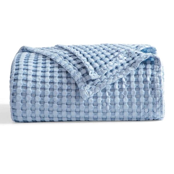 Bedsure Cooling Cotton Waffle King Size Blanket - Lightweight Breathable Blanket of Rayon Derived from Bamboo for Hot Sleepers, Luxury Throws for Bed, Couch and Sofa, Sky Blue,...