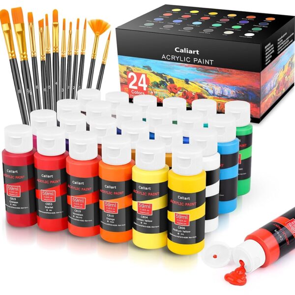 Caliart Acrylic Paint Set With 12 Brushes, 24 Colors (59ml, 2oz) Art Craft Paints Gifts for Artists Kids Beginners & Painters, Halloween Pumpkin Canvas Ceramic Rock Painting Kit...