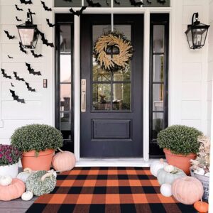 Cotton Orange and Black Plaid Rug, 27.5''x43'' Fall Outdoor Front Door Decorative Mat, Hand-Woven Rug for Layered Door Mats Washable Carpet for Porch, Entryway, Farmhouse,...