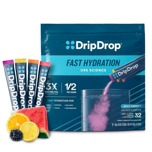 DripDrop Hydration - Bold Variety Pack - Electrolyte Drink Mix Single Serve Hydration Powder Packets - Watermelon, Berry, Lemon, Orange | Non-GMO, Gluten Free, Vegan | 32 Sticks