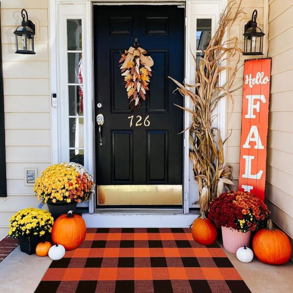 Fall Outdoor Rug Orange Buffalo Plaid Outdoor Rug Cotton Hand-Woven Buffalo Check Rug Layered Doormats for Front Door/Front Porch/Farmhouse/Entryway/Patio(Orange and Black...