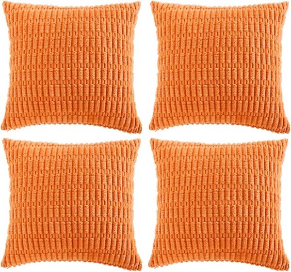 Fancy Homi 4 Packs Orange Fall Decorative Throw Pillow Covers 18x18 Inch for Couch Living Room Bed Sofa, Halloween Pumpkin Autumn Home Decor, Soft Cute Plush Corduroy Striped...