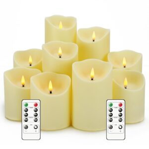 Flameless Candles with Remote, Battery Operated Flickering Flameless Candles, LED Candles with Timer 2/4/6/8H, with Realistic LED Candles Set of 9 (D3 x H 3" 4" 5" 6" 7") (Ivory)