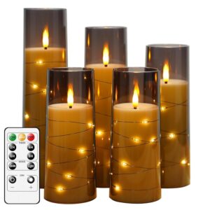 Flameless LED Candles with Timer 5 Pc Flickering Flameless Candles for Romantic Ambiance and Home Decoration Stable Acrylic Shell,with Embedded Star String，Battery Operated...