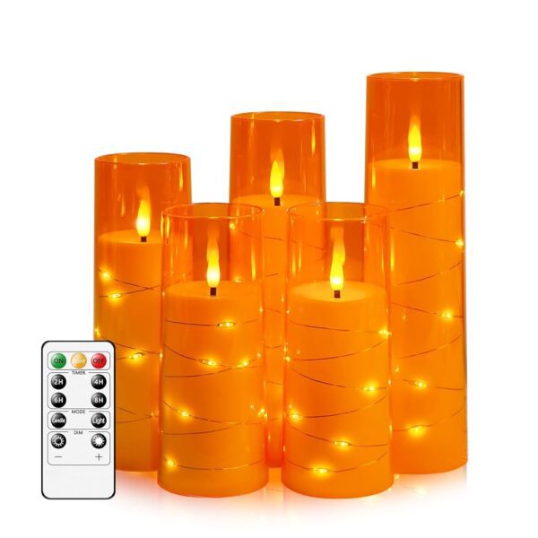 Flameless LED Candles with Timer 5 Pc Flickering Flameless Candles for Romantic Ambiance and Home Decoration Stable Acrylic Shell,with Embedded Star String，Battery Operated...