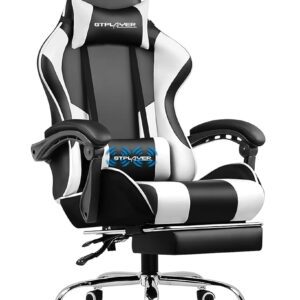 GTPLAYER Gaming Chair, Computer Chair with Footrest and Lumbar Support, Height Adjustable Game Chair with 360°-Swivel Seat and Headrest and for Office or Gaming (White)