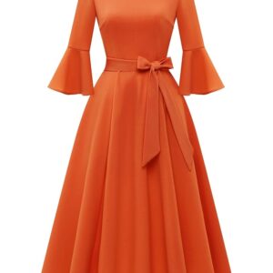 HomRain Women's Elegant Bell Sleeve Cocktail Party Dresses for Wedding Guest Fit and Flare Modest Church Midi Evening Dress