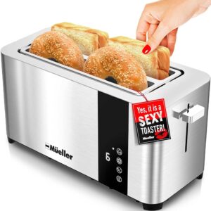 Mueller UltraToast Full Stainless Steel Toaster 4 Slice, Long Extra-Wide Slots with Removable Tray, Cancel/Defrost/Reheat Functions, 6 Browning Levels with LED Display, Kitchen...