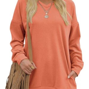 OFEEFAN Women's Sweatshirts V Neck Oversized Long Sleeve Pockets Top