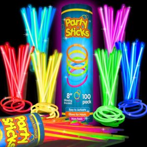 PartySticks 100 Ultra Bright Glow Sticks Bracelets and Necklaces - Premium Glow in the Dark Party Supplies and Decorations - Bulk 8" Glowsticks Party Favors Pack