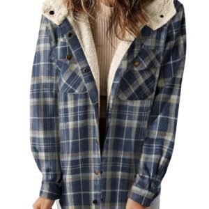 Dokotoo Womens Plaid Shacket Jacket Long Sleeve Button Down Fleece Hooded Jackets Warm Coat