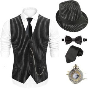 EFORLED 1920s Mens Costume Fedora Hat,Gatsby Gangster Vest,Vintage Pocket Watch,Pre Tied Bow Tie,Tie