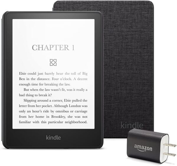 Kindle Paperwhite Essentials Bundle including Kindle Paperwhite (16 GB), Fabric Cover - Black, and Power Adapter