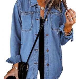 luvamia Denim Jackets for Women Trendy Long Sleeve Button Down Shirt Jacket Jean Shacket with Pocket Western Work Jacket