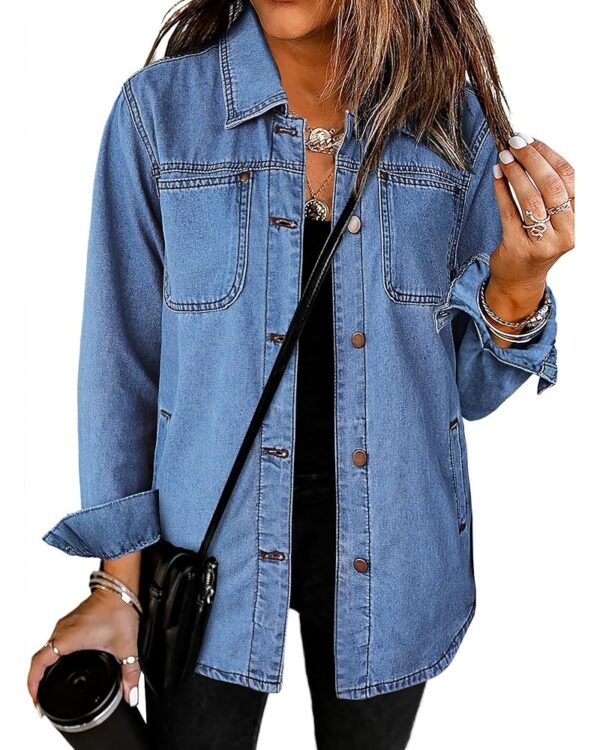 luvamia Denim Jackets for Women Trendy Long Sleeve Button Down Shirt Jacket Jean Shacket with Pocket Western Work Jacket