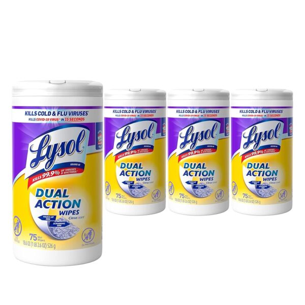 Lysol Dual Action Disinfectant Wipes, Multi-Surface Antibacterial Scrubbing Wipes, For Disinfecting and Cleaning, Citrus Scent, 75ct (Pack of 4), Packaging May Vary