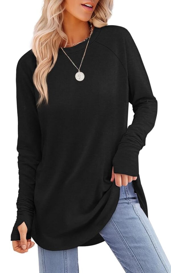 XIEERDUO Womens Tunic Tops to Wear with Leggings Long Sleeve Thumb Hole Shirts Crew Neck Curved Hem