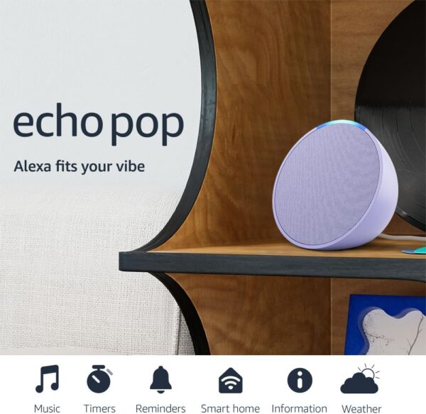 Amazon Echo Pop (newest model), Our smallest Alexa speaker, Just right for bathrooms, dens and other small spaces, Lavender Bloom