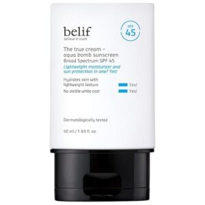 belif Aqua Bomb SPF 45 Hydrating Niacinamide Sunscreen (1.69 fl. oz) - The True Cream PA++++, Daily Broad Spectrum, No White Cast, Weightless & Invisible, Non-Greasy, Korean...