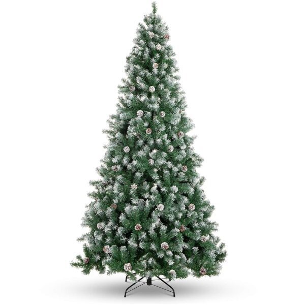 Best Choice Products 9ft Pre-Decorated Holiday Christmas Tree for Home, Office, Party Decoration w/ 2,028 PVC Branch Tips, Partially Flocked Design, Pine Cones, Metal Hinges & Base