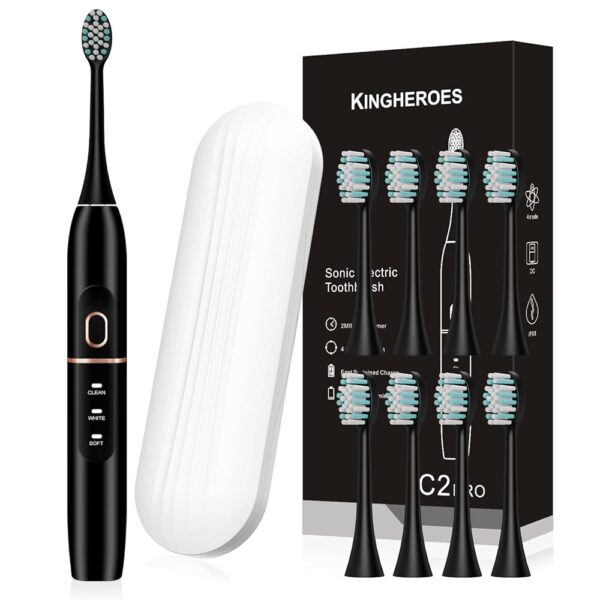 Electric Toothbrush Set, Comes with 8 Brush Heads & Travel Case,4 Modes with 2 Minutes Built in Smart Timer, One Charge for 60 Days, 42000 VPM Motor (Black)