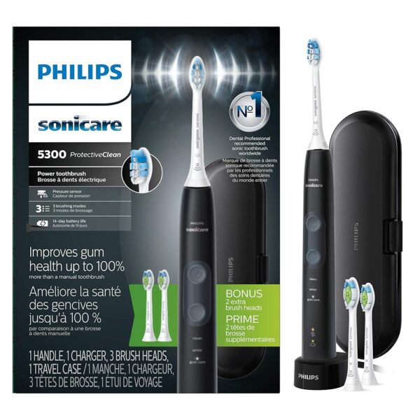 Philips Sonicare ProtectiveClean 5100 Rechargeable Electric Toothbrush, with Pressure Sensor, 3 Cleaning Modes, SmarTimer and QuadPacer, 14-Day Battery Life, Travel Case, Black,...