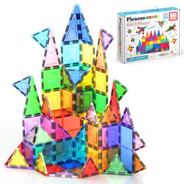 PicassoTiles Magnetic Tiles 60pcs Kids Toys Classroom Sensory Toy for Toddlers STEM Learning Building Blocks, Montessori Pretend Play Magnet Tile Construction Stacking Block...