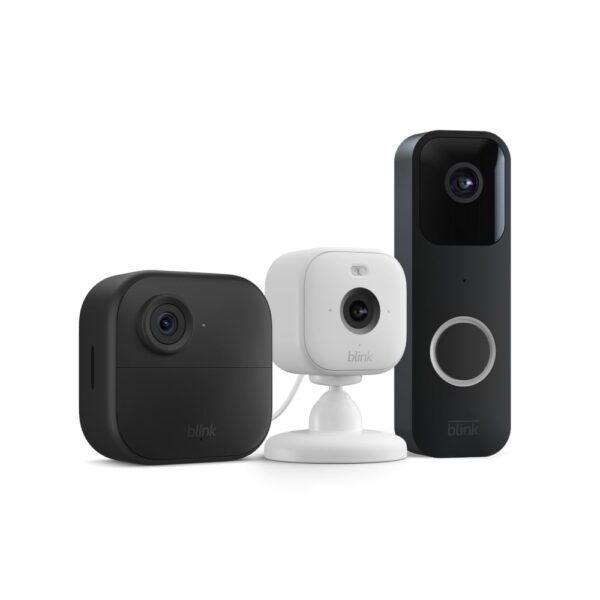 Blink Whole Home Bundle – Outdoor 4 camera, Mini 2 camera (white), Video Doorbell system (black) | HD video, motion detection, Works with Alexa