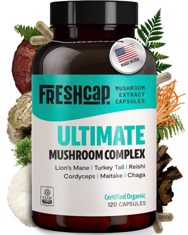 FreshCap Ultimate Mushroom Complex - Ayurveda Lions Mane, Reishi, Cordyceps, Chaga, Turkey Tail, Maitake - Immune Support & Nootropic Supplements for Immunity, Energy, Memory &...