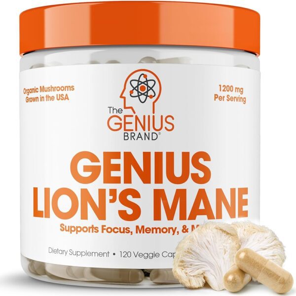 Genius Lions Mane Cognition Vitamins Supplement Capsules - Organic Nootropic Supplement, 1200mg per Serving – 120 Veggie Pills