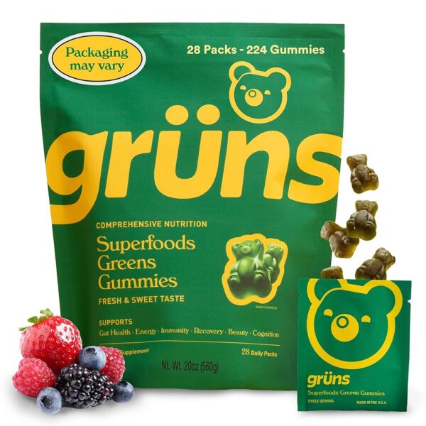 Gruns Daily Gummies, Super Greens Gummies - Organic Spirulina and Chlorella, Prebiotics for Digestive & Gut Health - Greens Superfood, Multi-Vitamins & Minerals - 224 Gummy Bear