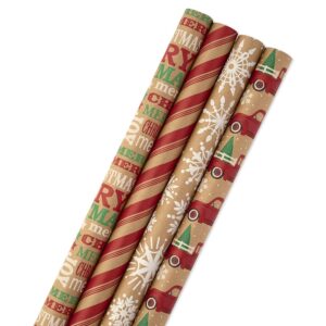 Hallmark Christmas Wrapping Paper Bundle with Cut Lines on Reverse, Kraft (Pack of 4, 88 sq. ft. ttl) Red Trucks, Snowflakes, Stripes, Merry Christmas (5JXW1038)