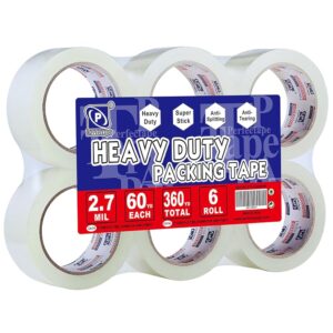 Heavy Duty Packing Tape 6 Rolls, Total 360Y, Clear, 2.7 mil, 1.88 inch x 60 Yards, Ultra Strong, Refill for Packaging and Shipping