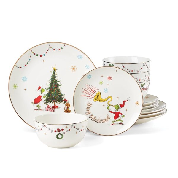 Lenox 895051 Merry Grinchmas 12-Piece Dinnerware Set, Green, 12 Count, Christmas Dinnerware Set, Holiday Hosting