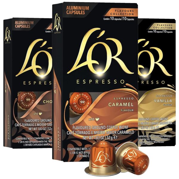 L'OR Espresso Capsules, 30 Count Variety Pack Vanilla/Chocolate/Caramel, Single-Serve Aluminum Coffee Capsules Compatible with the L'OR BARISTA System & *Nespresso Original...