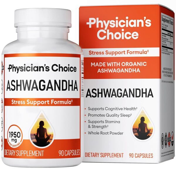 Physician's CHOICE Ashwagandha Supplement - 1950mg of Bioavailable Organic Ashwagandha Root Powder - Black Pepper Extract, Stress Support, Mood Support Supplement, 90 Veggie...