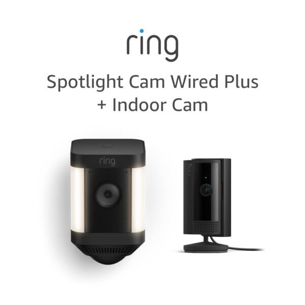 Ring Spotlight Cam Plus Battery, Black with All-new Ring Indoor Cam, Black